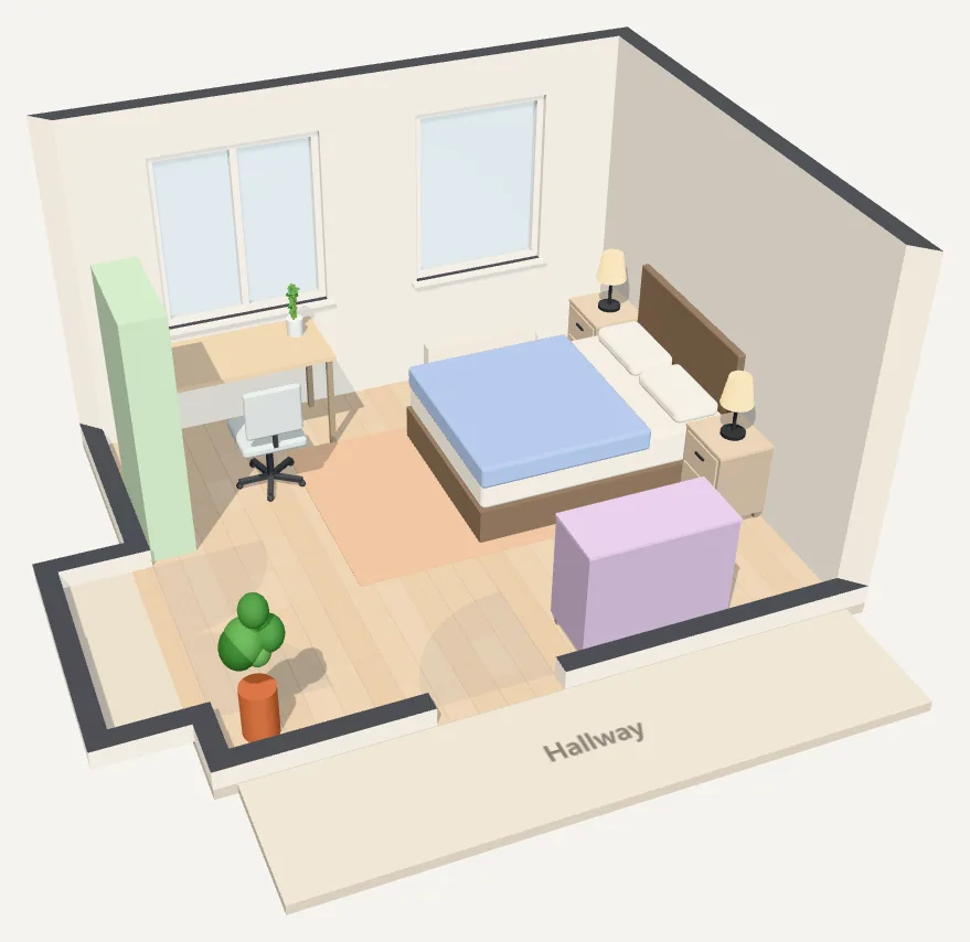 A furnished bedroom planned in laeout, shown in 3D with the front walls cut away