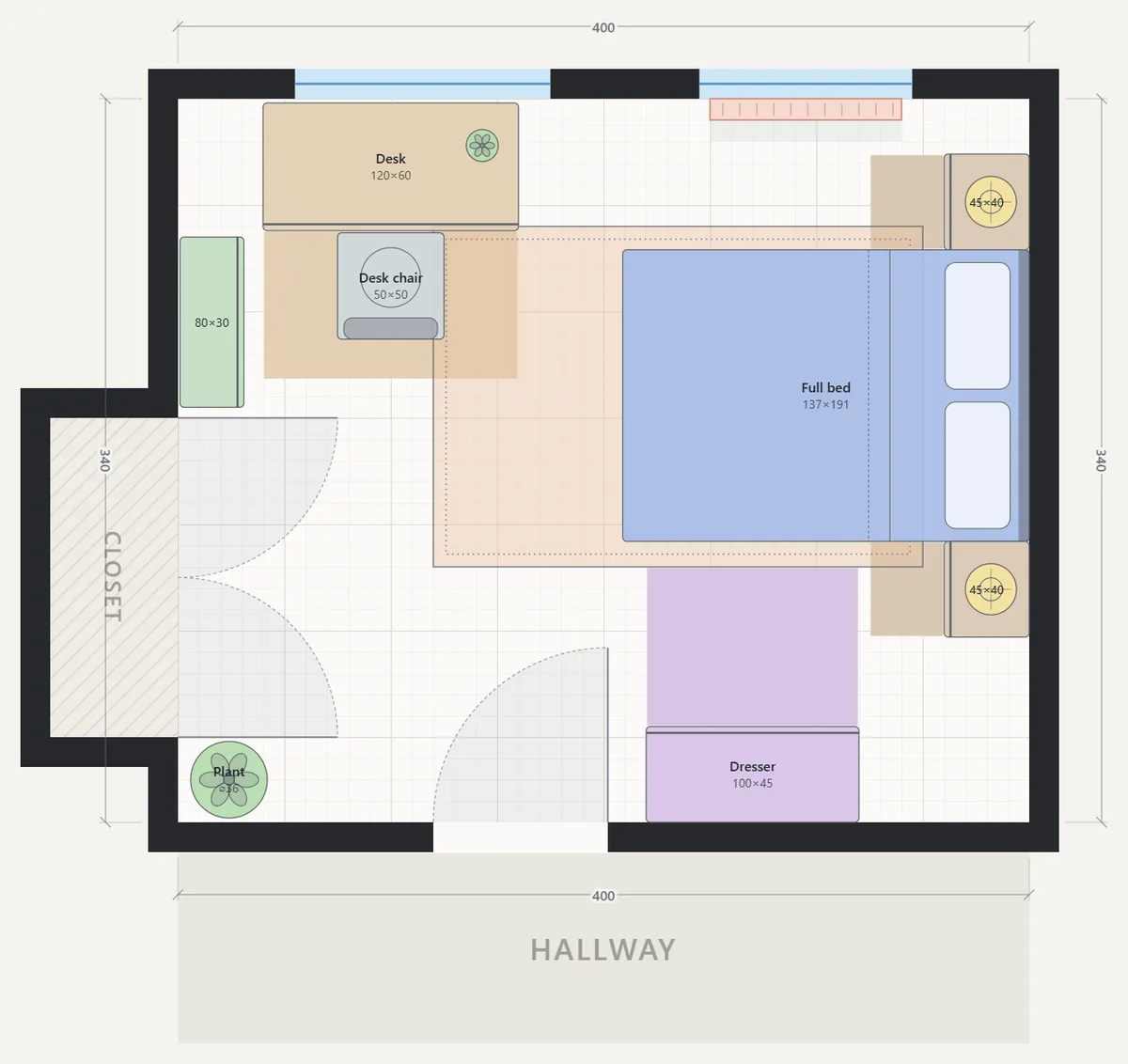 Floor plan of a 4 × 3.4 m bedroom with a full bed against the right wall, two nightstands, a desk under the window, a dresser, a bookshelf and a closet