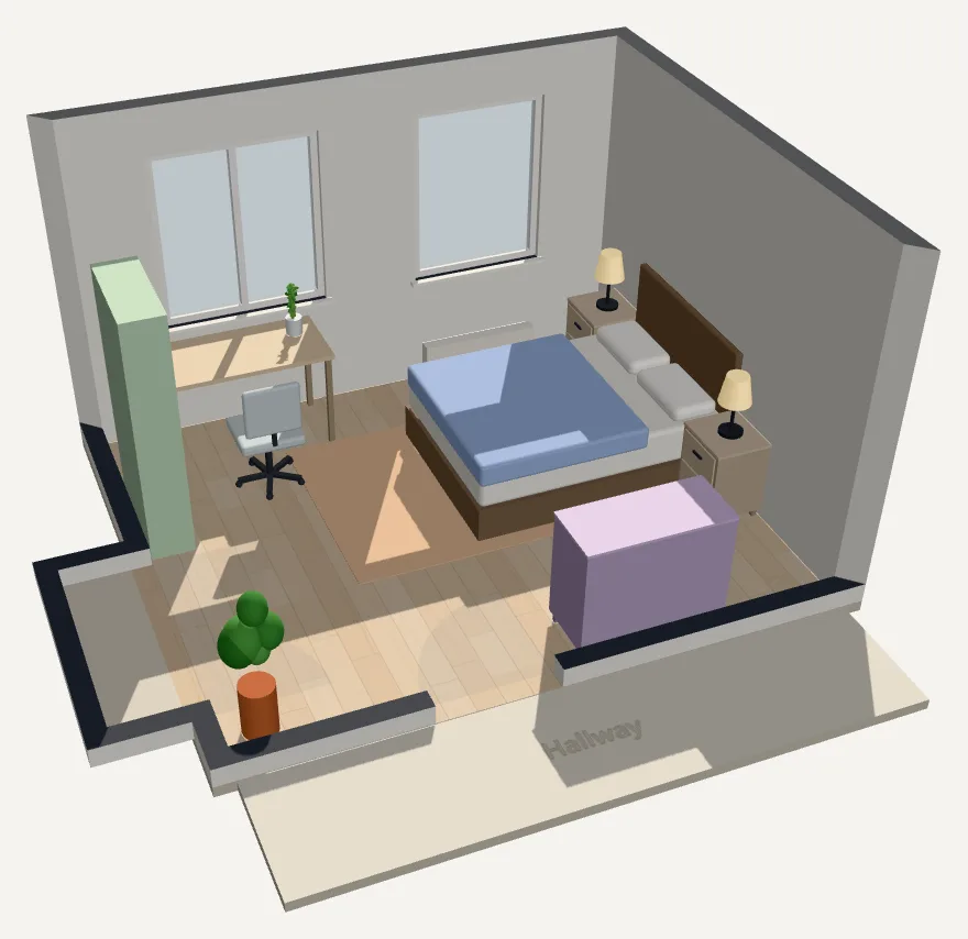 Afternoon sunlight falling through two windows onto the floor, desk and bed in laeout's 3D view