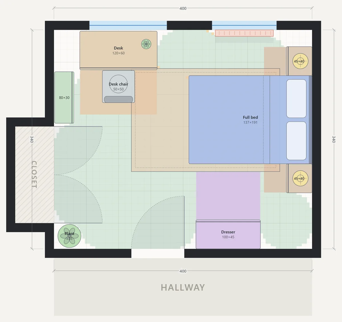 The walk check shading the free floor green where you can walk from the door